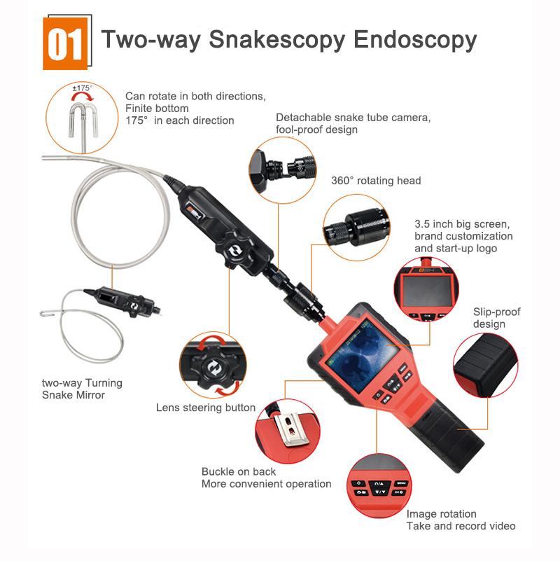 Portable Two-way Rotating Head Industrial Borescope with Waterproof Inspection HD Probe Snake Camera
