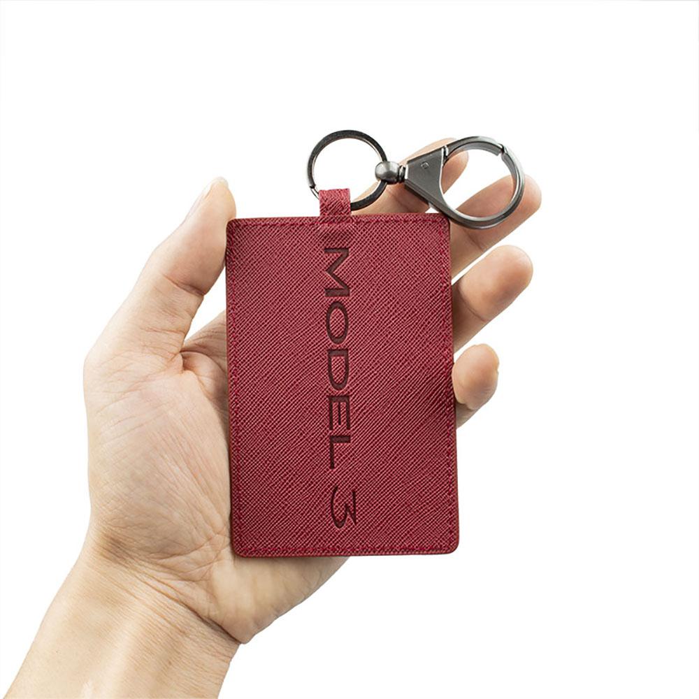 2017-2021 Model 3 Leather Card Holder Key Cover Bag with Stainless steel Keychain Key Ring - Blue Red Black