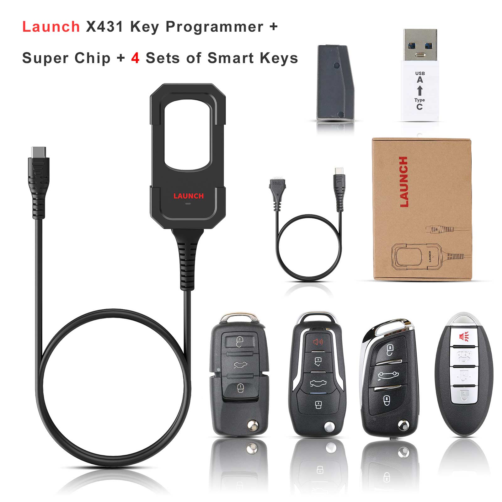 Launch X431 IMMO Key Programmer Remote Maker for Remote & Chip Generation with Super Chip and 4 Sets of Smart Keys