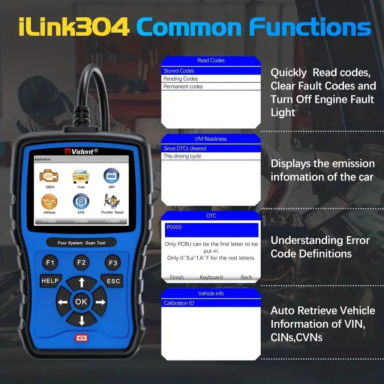 Vident iLink304 OBD2 Scanner Code Reader Scan Tool with 5 Resets Free Upgrade