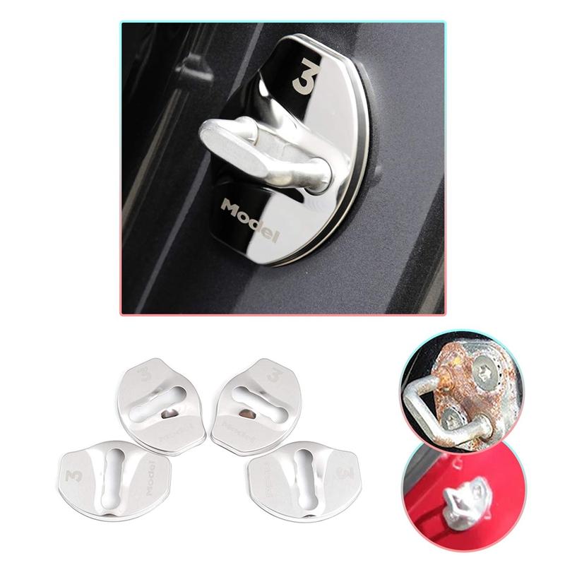 Door Lock Cover Interior Accessories Stainless Steel Cover Pack 4pcs For 2017-2021 Tesla Model 3